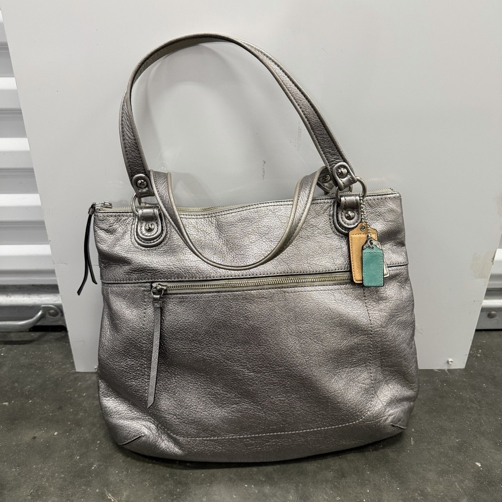 Coach Metallic Gray Leather Zipper Closure Double Handles Shoulder Bag Y2K